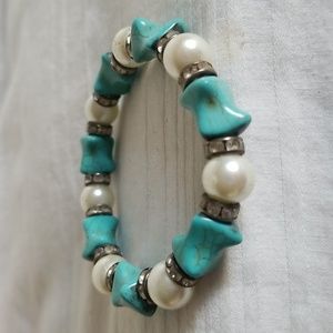 Silver Turquoise Pearl Rhinestone Bracelet